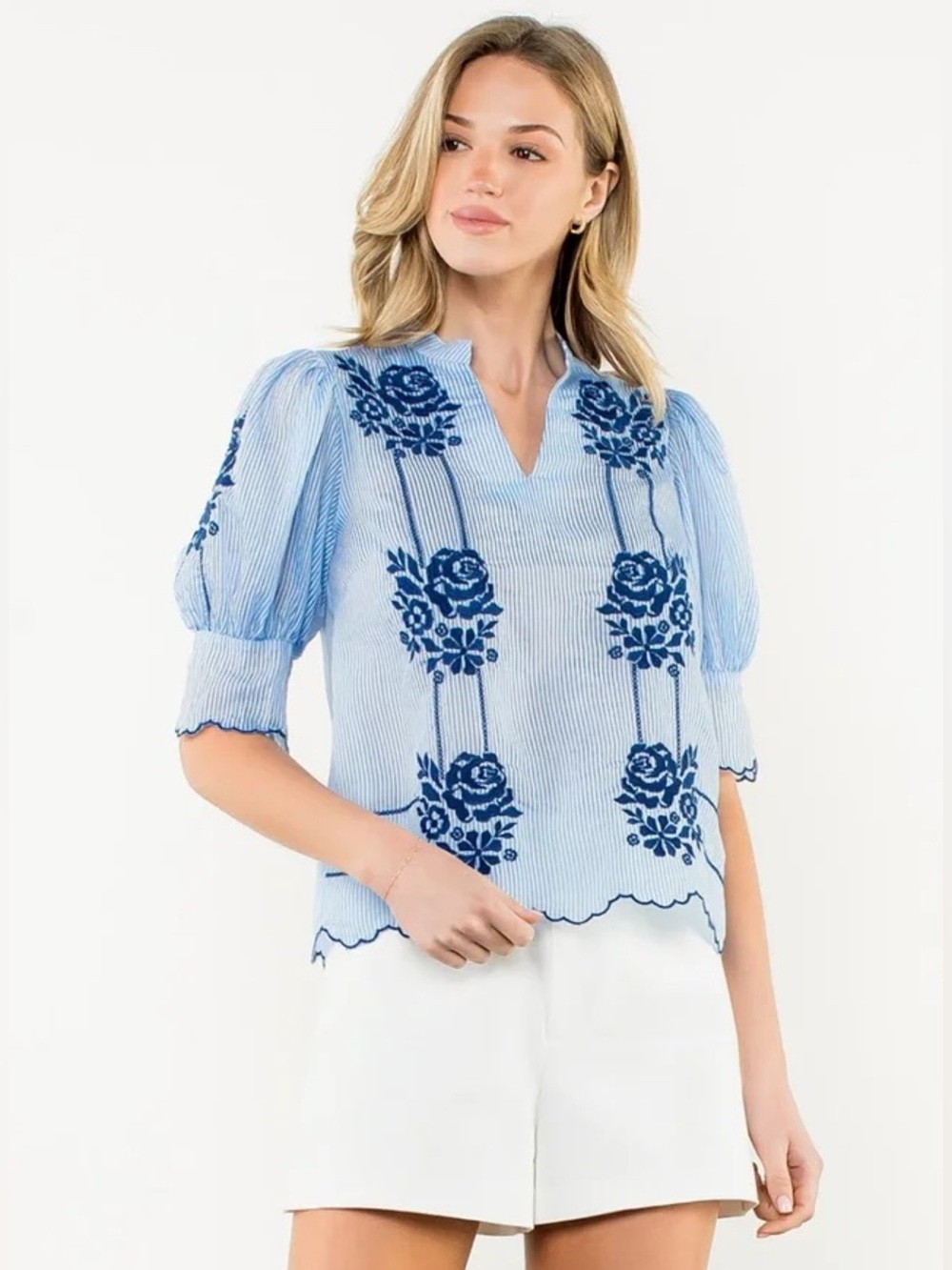 THML Embroidered Puff-Sleeve Women's Top